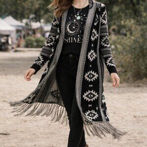Almost Famous Tribal Fringe Cardigan Black Gray Aztec Pattern Size S